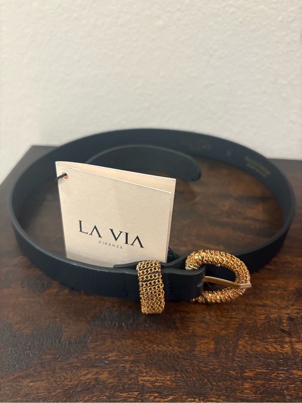 La Via Black Leather Belt with Gold Chain-Style Buckle